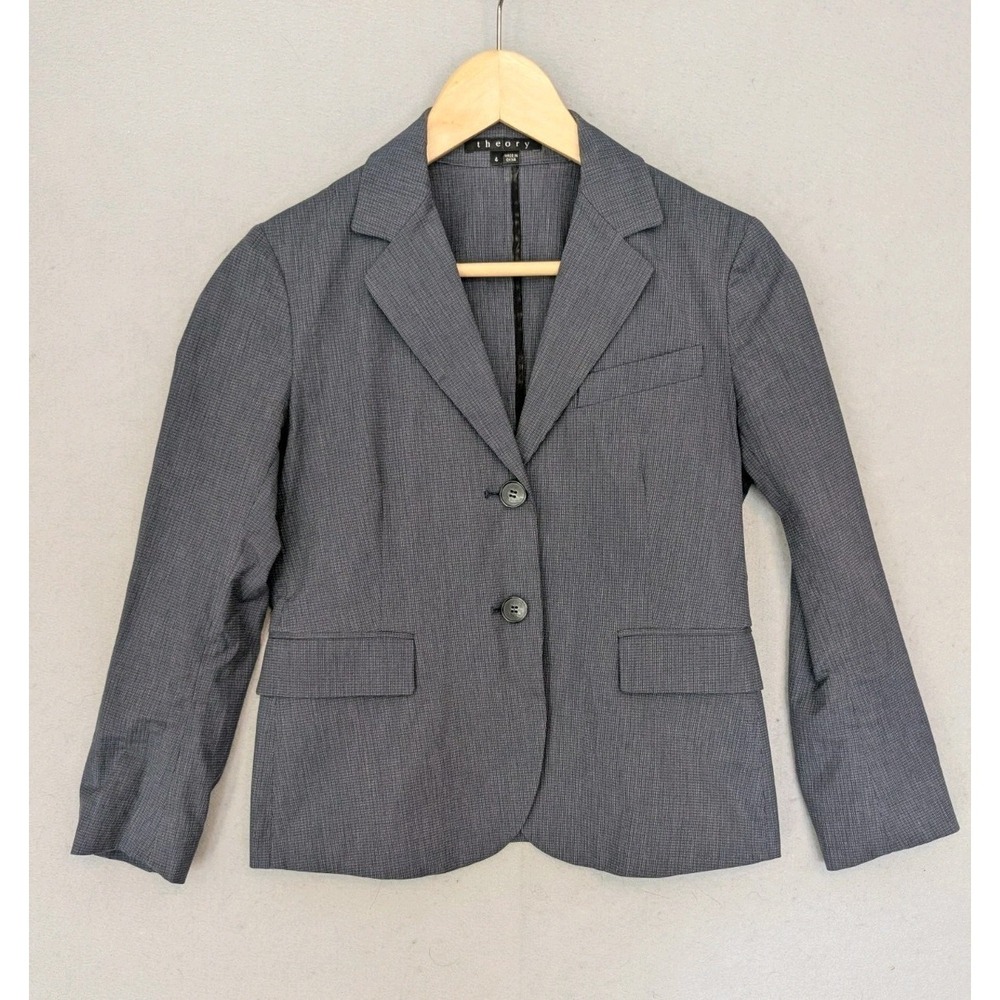Theory Blazer Modern Stretch Cotton Women's Size 4 Navy Mini Plaid Career Work